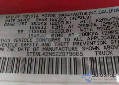 2002 Toyota Tacoma из США, поврежденный, VIN 5TENL42N52Z079665